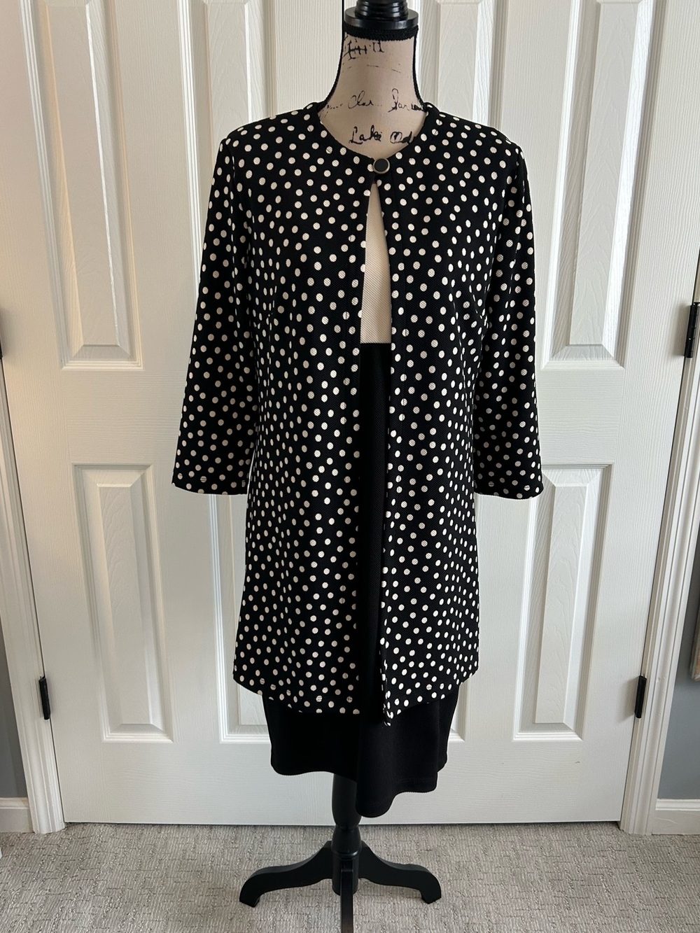 Danny & Nicole Long Black Jacket with cream Polka Dots with dress size 8